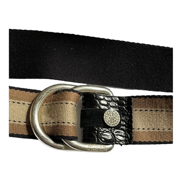 MICHAEL Kors fabric stripe double D ring pull through belt rhinestone accent - Picture 3 of 11
